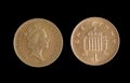 Obverse and reverse of the Great Britain one penny coin of 1996. Queen Elizabeth II on obverse, isolated on a black Royalty Free Stock Photo