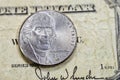 Obverse side of American money coin of 5 five cents 2016 coin features the 2nd portrait of Thomas Jefferson the founding father, Royalty Free Stock Photo