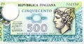 obverse side of 500 five hundred Italian Lire banknote currency 1976 old Italian money, vintage retro, Italy Royalty Free Stock Photo