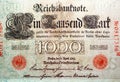 obverse side of 1000 one thousand German marks Reichsmark banknote currency issued 1910 by Germany Reichsbank in Berlin