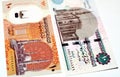 Obverse sides of the new first Egyptian 10 LE EGP ten pounds plastic polymer banknote features Al-Fattah Al-Aleem mosque with the