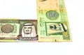 Obverse sides of 1 one Saudi Arabia riyal money banknote bills that features a portrait of king Fahd and king Abdullah