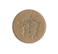 Obverse of vintage 10 Francs coin made by France 1977