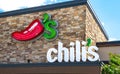 Ocala, FL USA - OCTOBER 14, 2023: Chilis Restaurant Exterior. Close up view of front pepper logo showing lighting configuration
