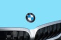 OCALA, FLORIDA - 2 NOVEMBER 2023 BMW logo emblem seafoam car hood front. Bavaria motor works is a German multinational