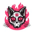 Cat skull with a third eye and fire in cartoon style