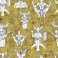 Seamless pattern with mystic and occult characters and persons on texture background