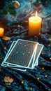 Occult guidance Tarot card background, candlelight, and mystical fortune telling scene