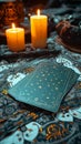 Occult guidance Tarot card background, candlelight, and mystical fortune telling scene