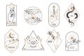 Occult line emblems. Outline women hands with mystical magic elements in minimalistic trendy style, witchcraft golden