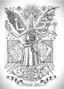 Occult and new age drawing of mystic and spiritual symbols, goddess of wisdom and eternity, vignette banner and constellations