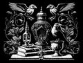 Occult symbols composition in dotwork style. Abstract mystic elements, Birds, ancient books and lamp, in retro Royalty Free Stock Photo