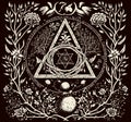 Occult symbols composition in dotwork style. Abstract mystic elements, floral wreath and sacred triangle in retro flat Royalty Free Stock Photo