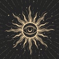 Occult, witchcraft and magic, all seeing eye inside sun with wavy rays, witchcraft and astrology sacred emblem, occultism seal Royalty Free Stock Photo