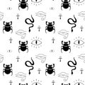 Occultism print with Egyptian magic signs - cross, ankh, eye of Horus, scarab, snake. Seamless pattern.