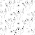 Occultism print with gothic hands and magic signs - devil eye. Seamless pattern.