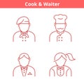 Occupations avatar set: cook, chef, waiter, baker. Thin outline