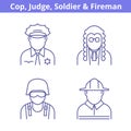 Occupations avatar set: judge, policeman, fireman, soldier.