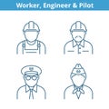 Occupations avatar set: pilot, stewardess, engineer, worker.