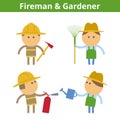 Occupations cartoon character set: fireman and gardener. Vector