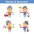 Occupations cartoon character set: worker and decorator. Vector