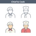 Occupations linear avatar set: cook, chief, baker. Thin outline