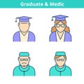 Occupations colorful avatar set: doctor, medic, graduate. Thin o