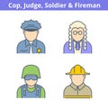 Occupations colorful avatar set: judge, policeman, fireman, sold