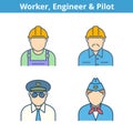 Occupations colorful avatar set: pilot, stewardess, engineer, worker. Outline icons.