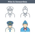 Occupations linear avatar set: pilot, stewardess. Thin outline i