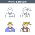 Occupations linear avatar set: waiter, steward. Thin outline icons.