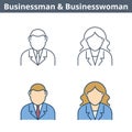 Occupations linear avatar set: businessman, businesswoman. Thin