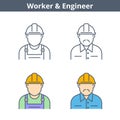 Occupations linear avatar set: engineer, worker. Thin outline icons.