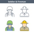 Occupations linear avatar set: fireman, soldier. Outline icons.