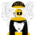 OCD symptoms, the girl has fear and intrusive thoughts for lock, ON or OFF. Obsessive compulsive disorder vector