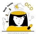 OCD symptoms, women has fear and intrusive thoughts for obsessive wash hands. Vector illustration obsessive compulsive