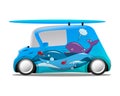 Ocean aerography mini cartoon car with a surfboard
