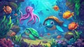 Ocean animal cartoon illustration. Illustration of cute turtles, octopuses, and fish. Underwater wildlife. Royalty Free Stock Photo