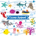 Ocean Animal cartoon on white background with animal name. Vector illustration