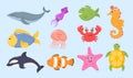 Set ocean animals, underwater creatures, sea fish. Royalty Free Stock Photo