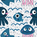 Ocean animals seamless jellyfish and crabs and starfish and fish and octopus pattern for wrapping paper