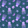 Ocean animals seamless jellyfish and crabs and starfish and fish and octopus pattern for wrapping paper