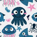 Ocean animals seamless jellyfish and crabs and starfish and fish and octopus pattern for wrapping paper