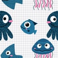 Ocean animals seamless jellyfish and crabs and starfish and fish and octopus pattern for wrapping paper