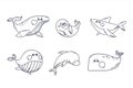 Ocean aquatic animals set in doodle style. Underwater mammals different species whales, shark, seal, dolphin Royalty Free Stock Photo