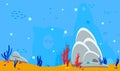 Ocean background. Panorama landscape sea bottom. Game assets for stickers or web applications. Silhouette fish, algae and coral