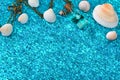 Ocean background with sea shells, snail, glass bottle. Royalty Free Stock Photo