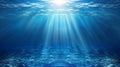 Ocean background - Sun shining light sunlight sunshine in blue clearly deep water, sunbeams illuminate the blue underwater sea, AI