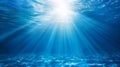 Ocean background - Sun shining light sunlight sunshine in blue clearly deep water, sunbeams illuminate the blue underwater sea, AI