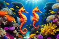 Ocean Ballet: Seahorse Nestled Amidst a Kaleidoscope of Coral Reef, Tentacles of Anemones Swaying, Schools of Tiny Fish in Harmony